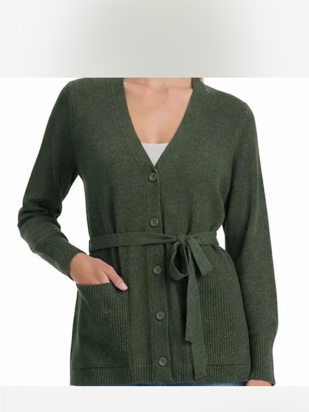 Splendid Olive Green Button-Front Belted Cardigan